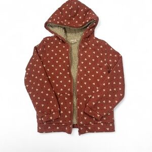 |Emma & Elsa| Girls Large Heart Zip-up Sherpa Hoodie Pink Cream with Black Dots